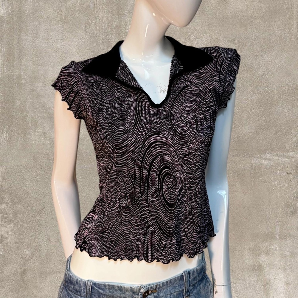 RAG Y2K Pink & Black Swirl Polo Top | Stretch Pleated Polka Dot Indie Baby Tee
